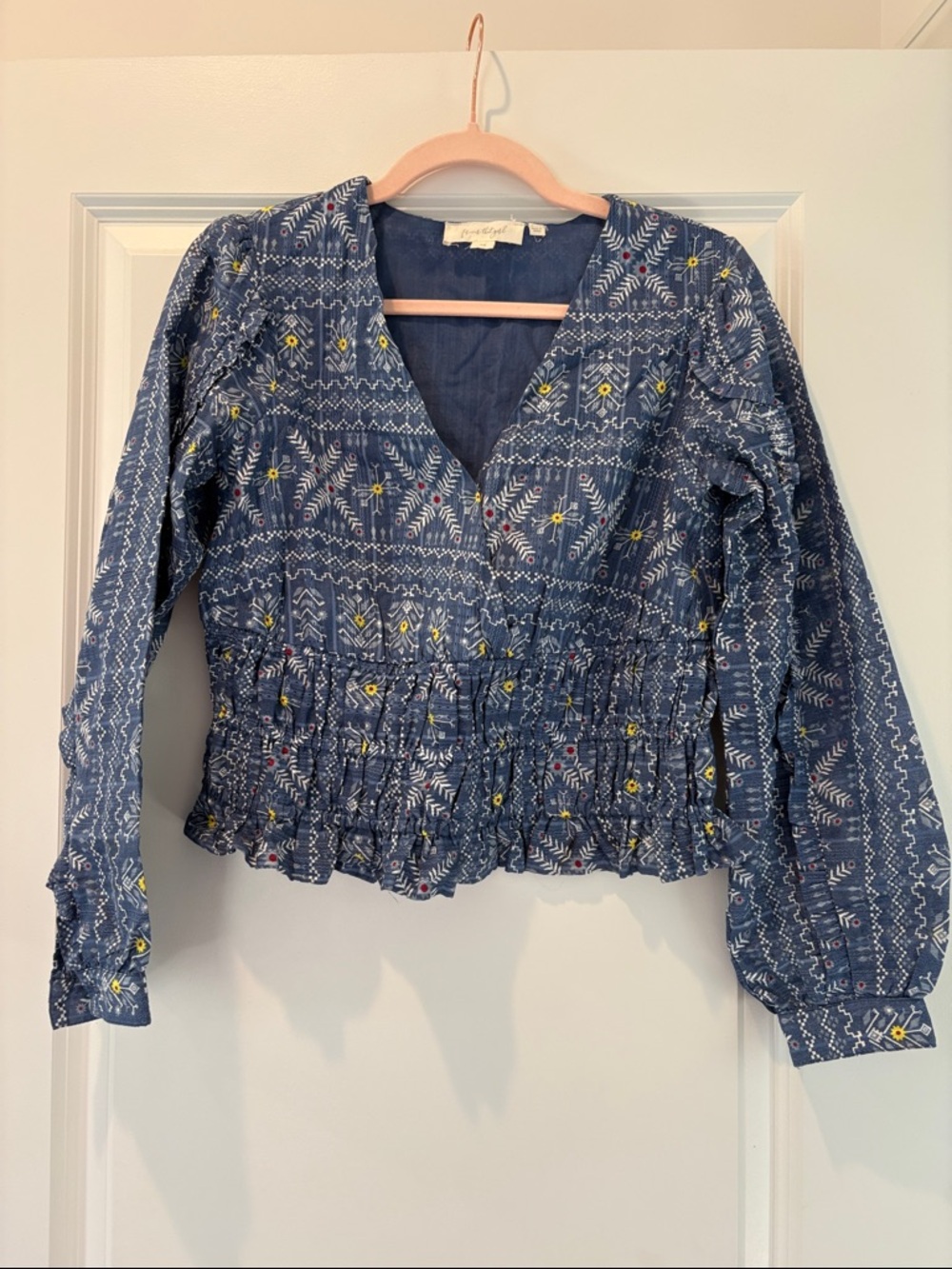 Blue Printed V-Neck Smocked Waist Blouse